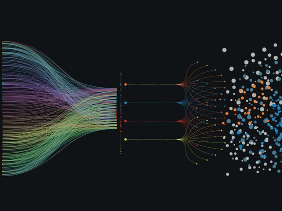Streams of coloured data flowing into a network of glowing nodes
